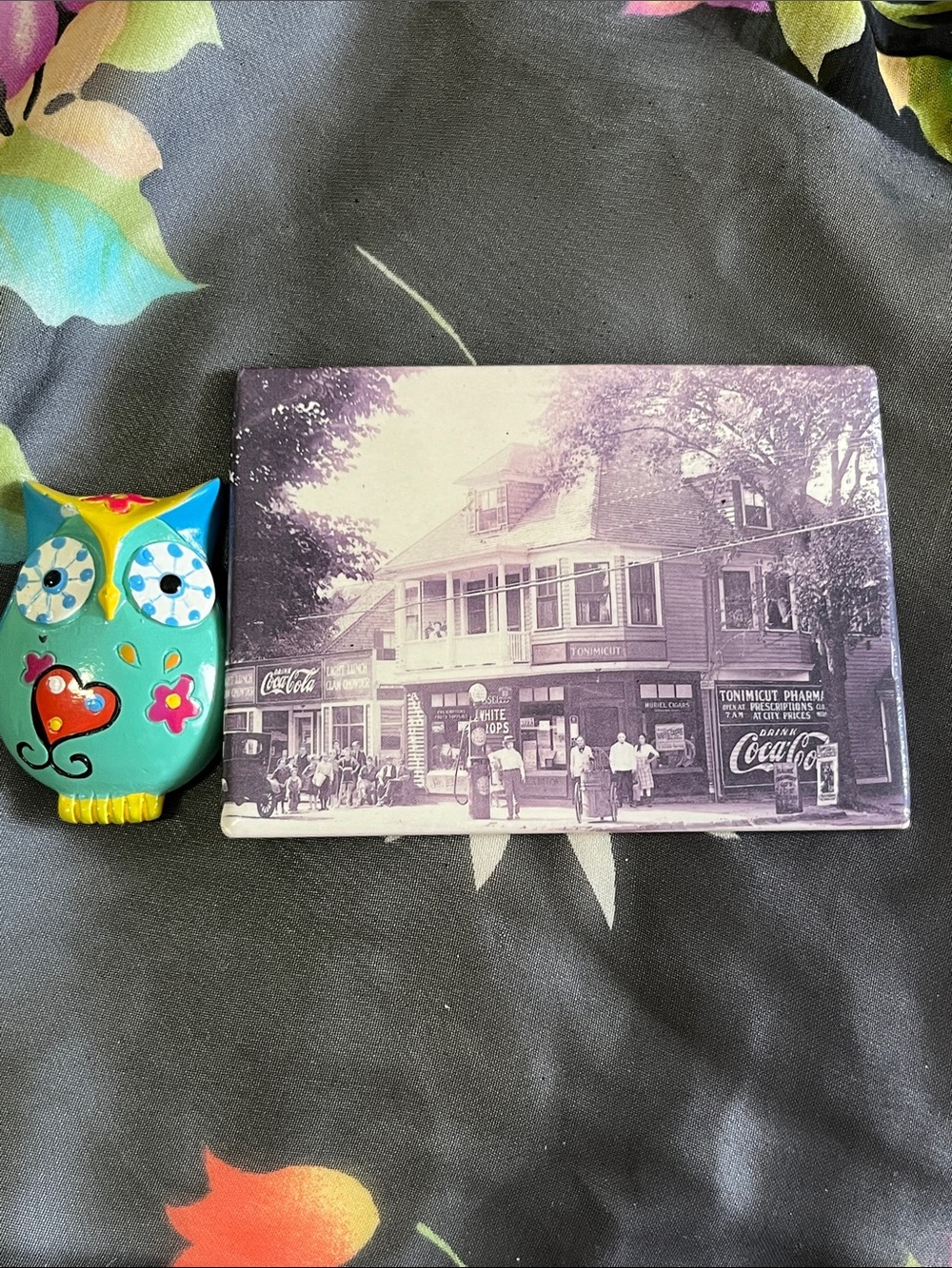 Vintage Teal Owl Figurine with Multicolor Floral Accents